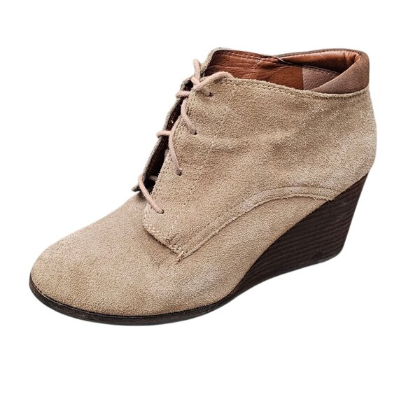 Lucky Brand Sumba Lace-up Suede Wedge Tan Ankle Bootie Boots - Picture 2 of 9